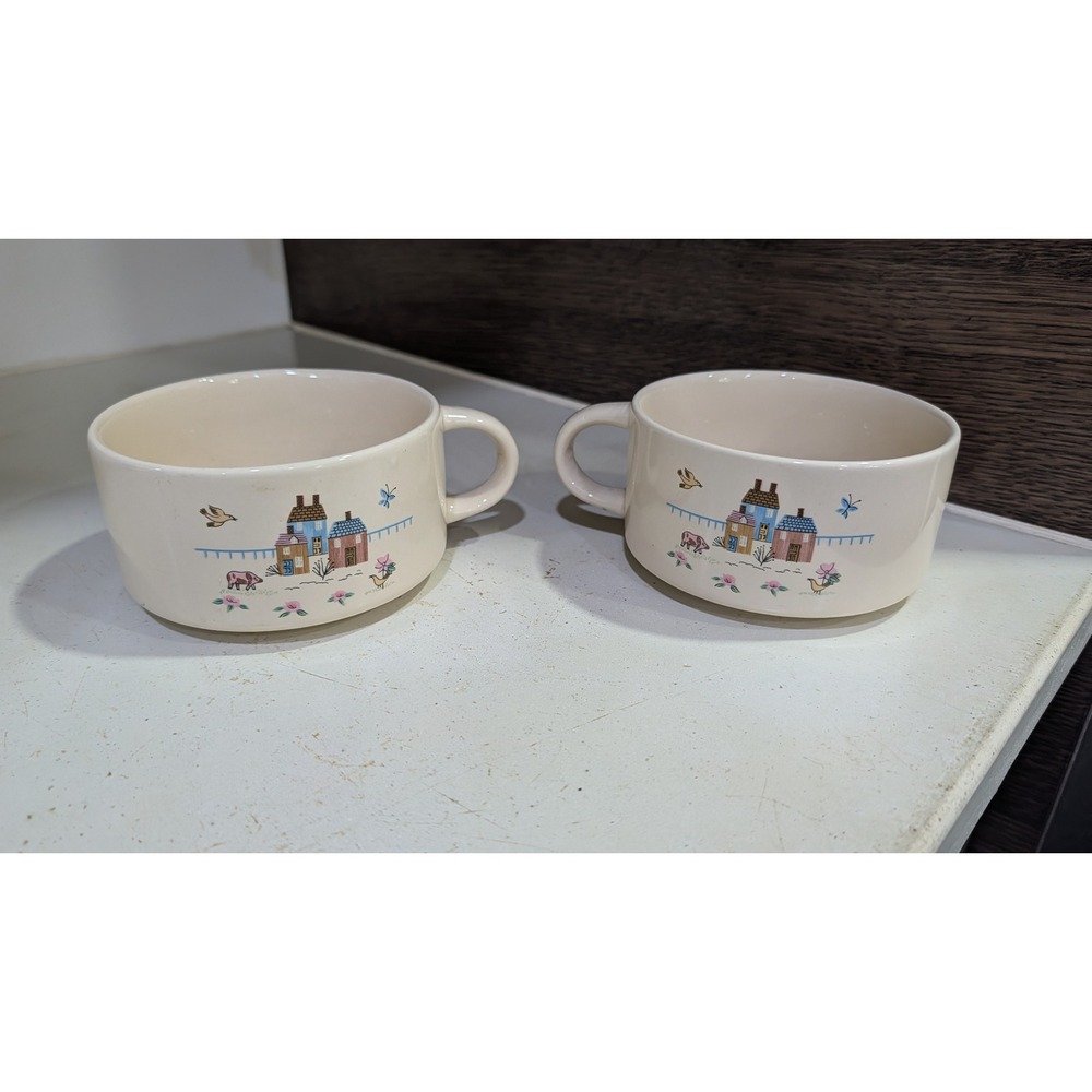 Vtg Heartland  Folk Art Village Ceramic Soup Mugs Set-2 Cream Cottagecore Mugs